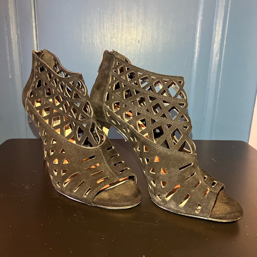 INC Rammee, black suede, cutout, stiletto heels